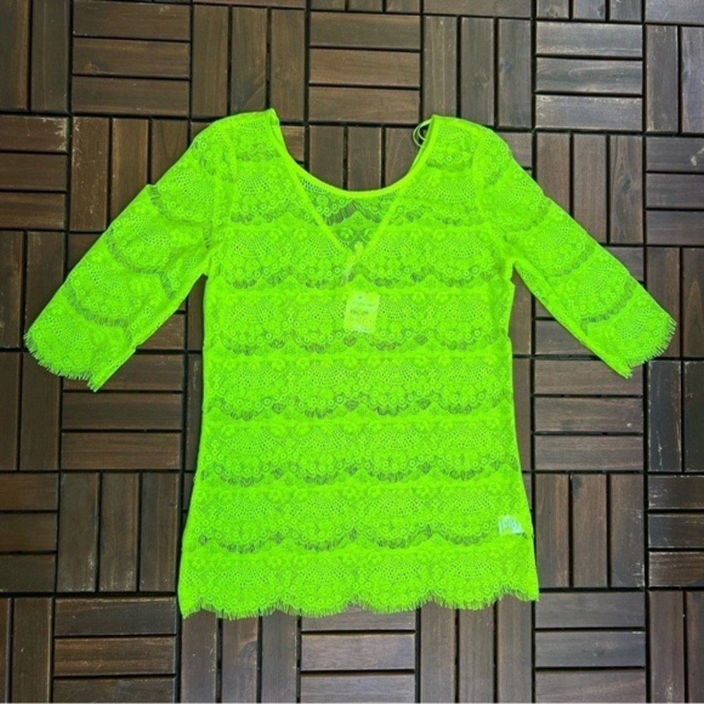 Vivid Neon Yellow Sheer Lace Shirt Bellatrix Neon Yellow Scalloped Lace Top S